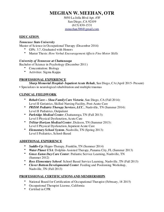 School Based Occupational therapy Resume Sample Occupational therapy Resume 2016