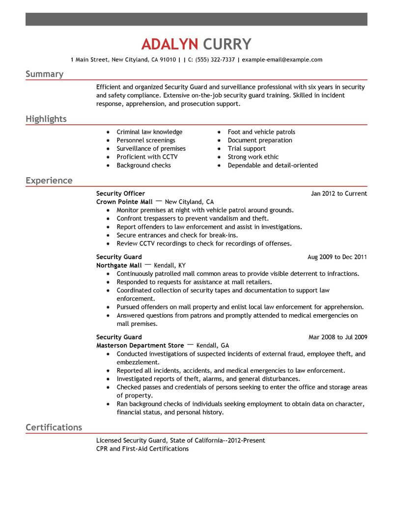 Security Guard Resume Examples and Samples Best Security Guard Resume Example From Professional