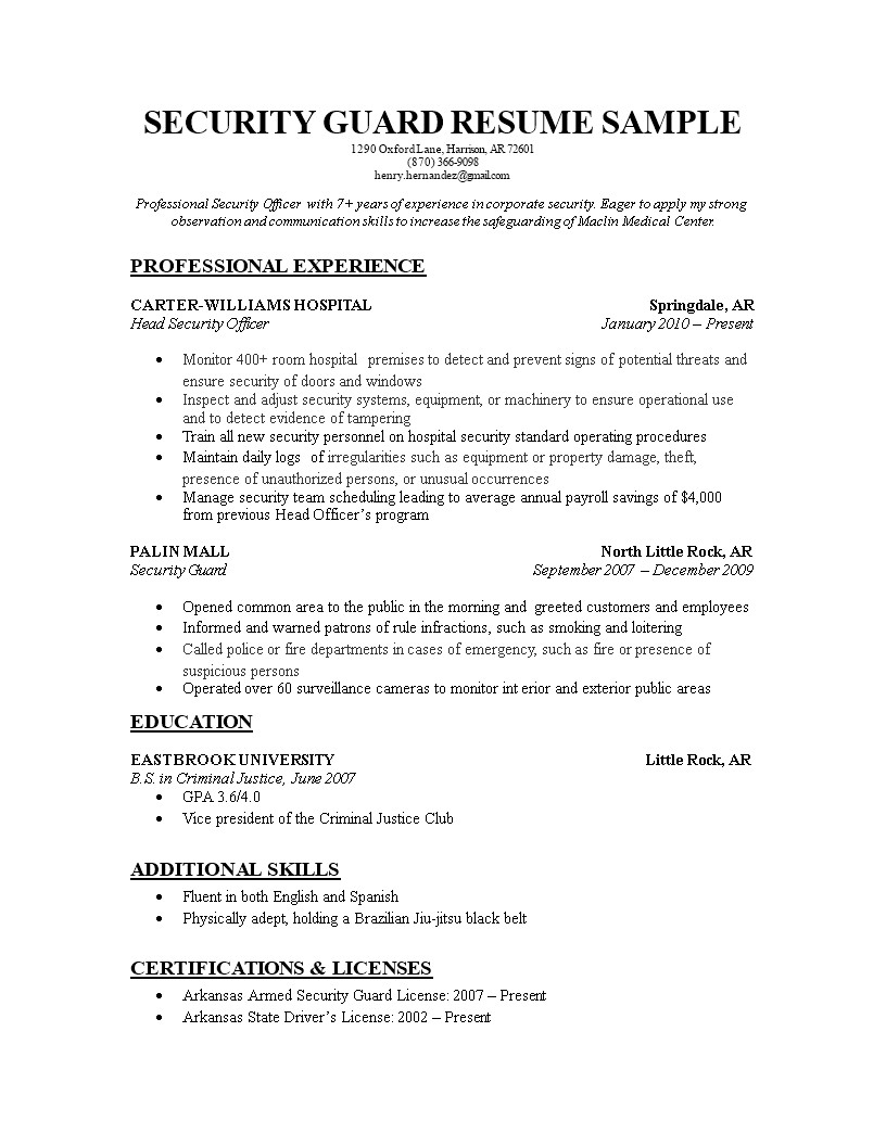 Security Guard Resume Examples and Samples Security Guard Resume