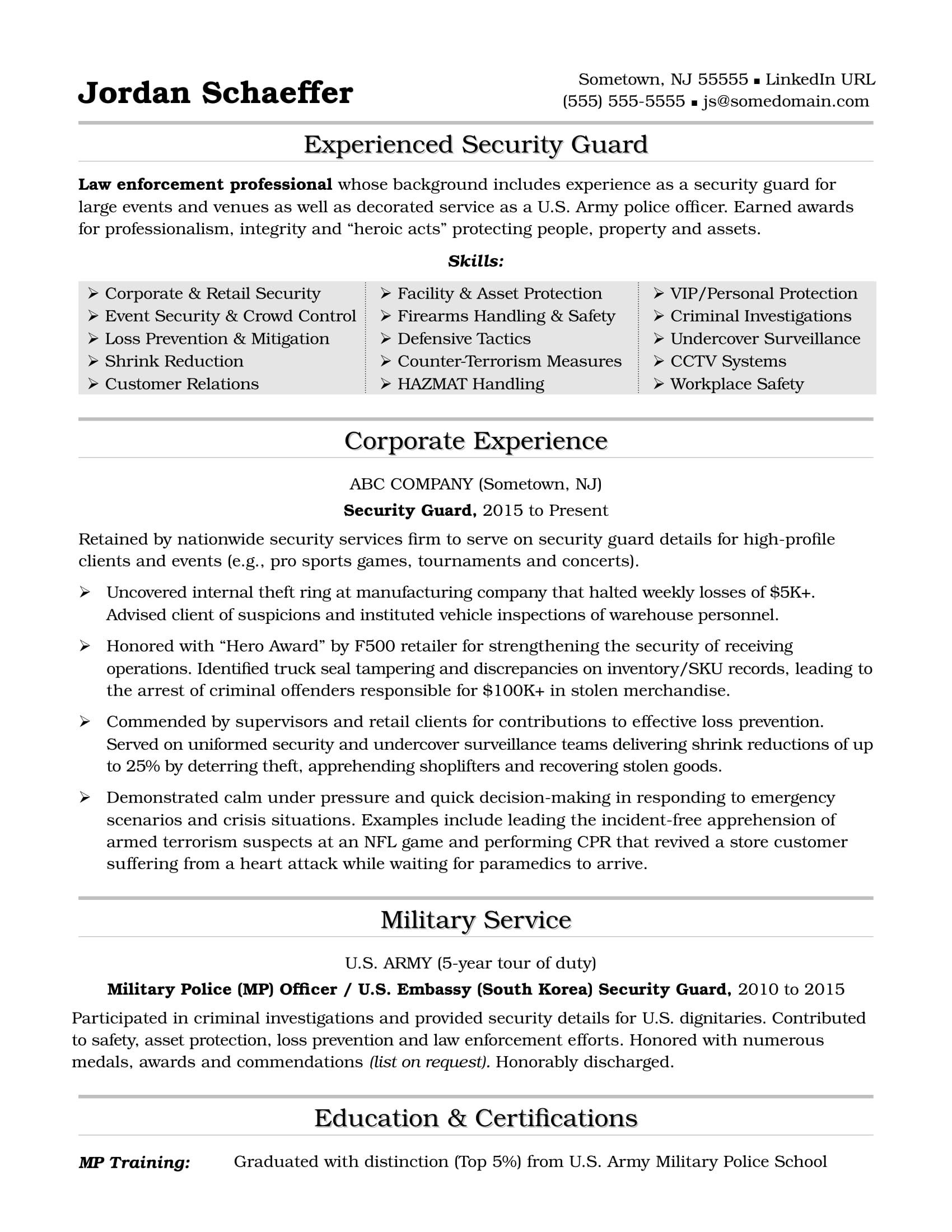 Security Guard Resume Examples and Samples Security Guard Resume Sample