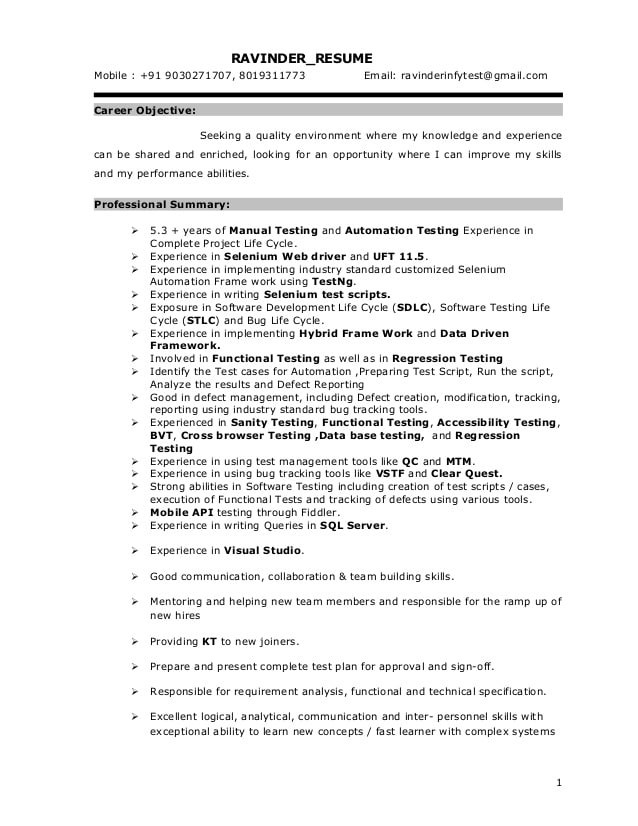 Selenium Sample Resume for 3 Years Experience Selenium Resume