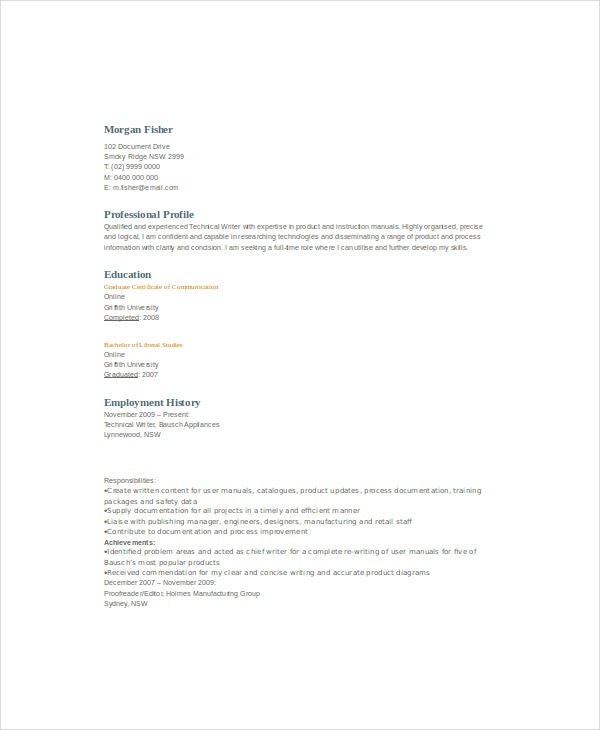 Technical Writer Resume Sample for Fresher 10 Technical Writer Resume Templates Pdf Doc