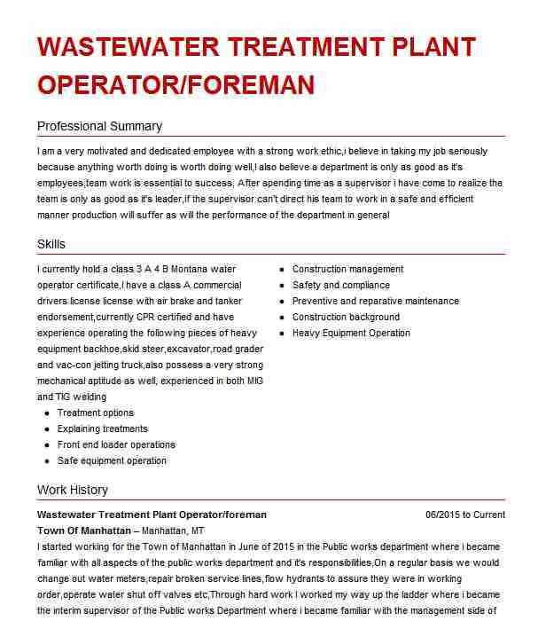 Wastewater Treatment Plant Operator Resume Sample Treatment Supervisor Wastewater Resume Example City