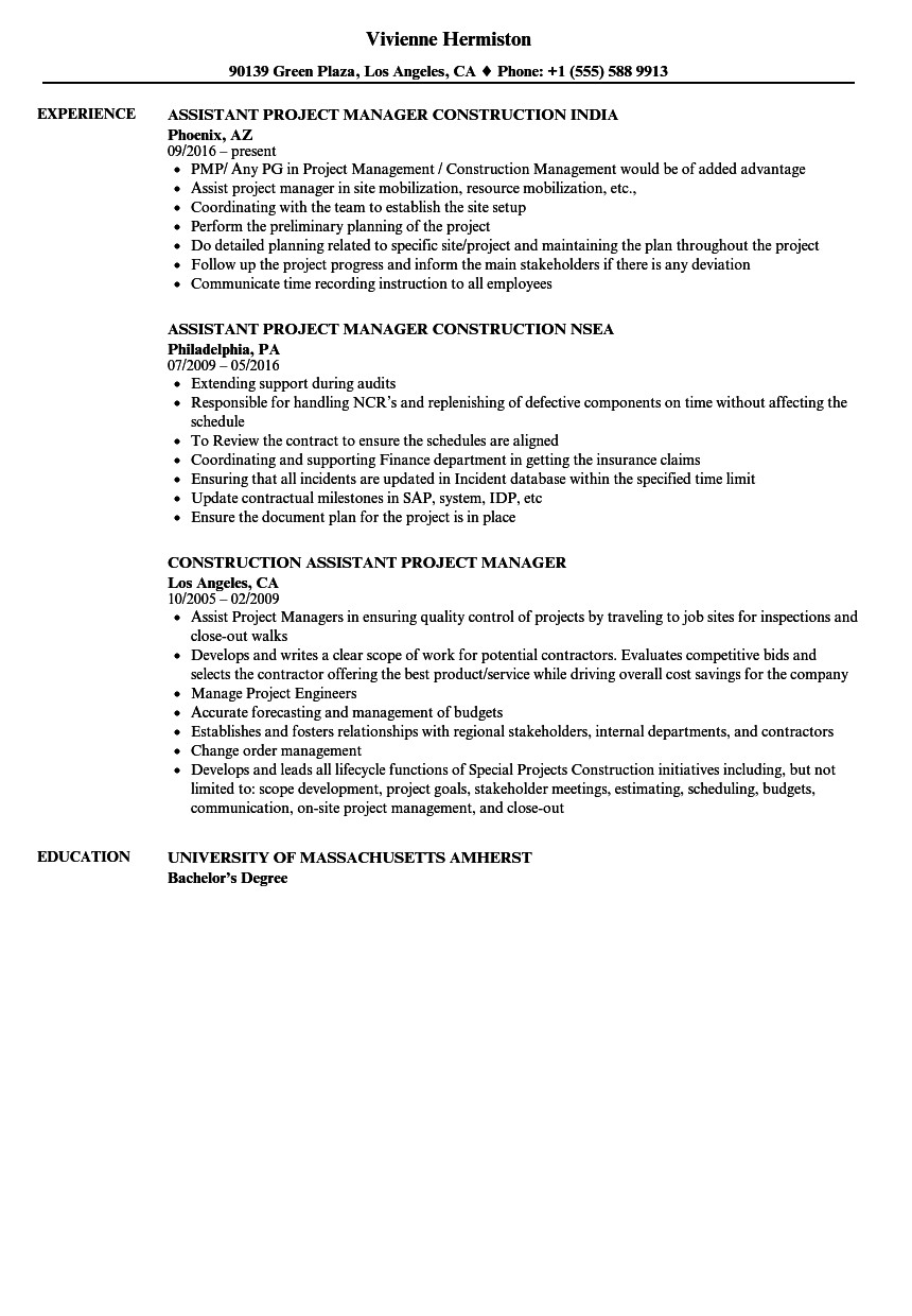 Assistant Construction Project Manager Resume Samples Construction assistant Project Manager Resume Samples
