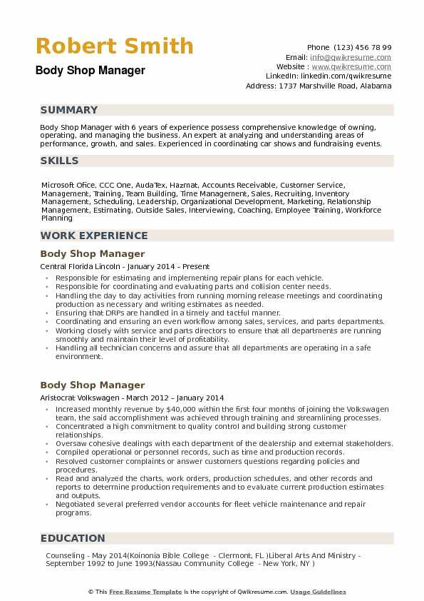 Auto Body Shop Manager Resume Sample Auto Body Shop Technician Resume February 2021