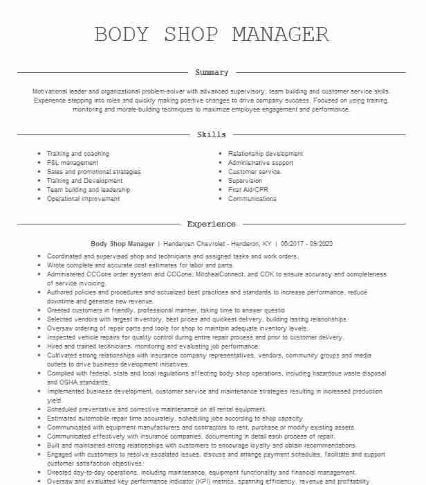 Auto Body Shop Manager Resume Sample Body Shop Manager Resume Example Jimenez Auto Creations