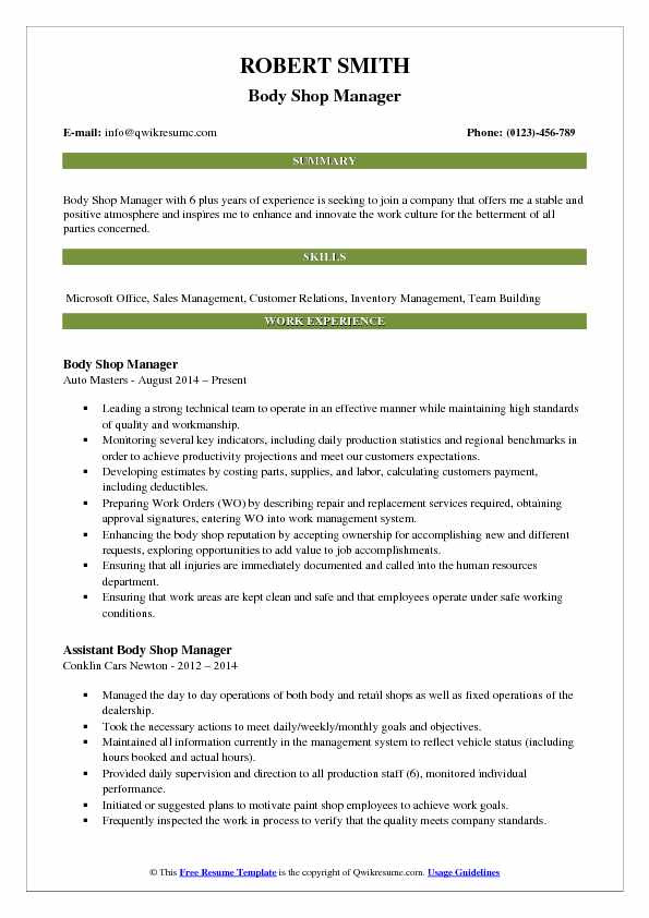 Auto Body Shop Manager Resume Sample Body Shop Manager Resume Samples