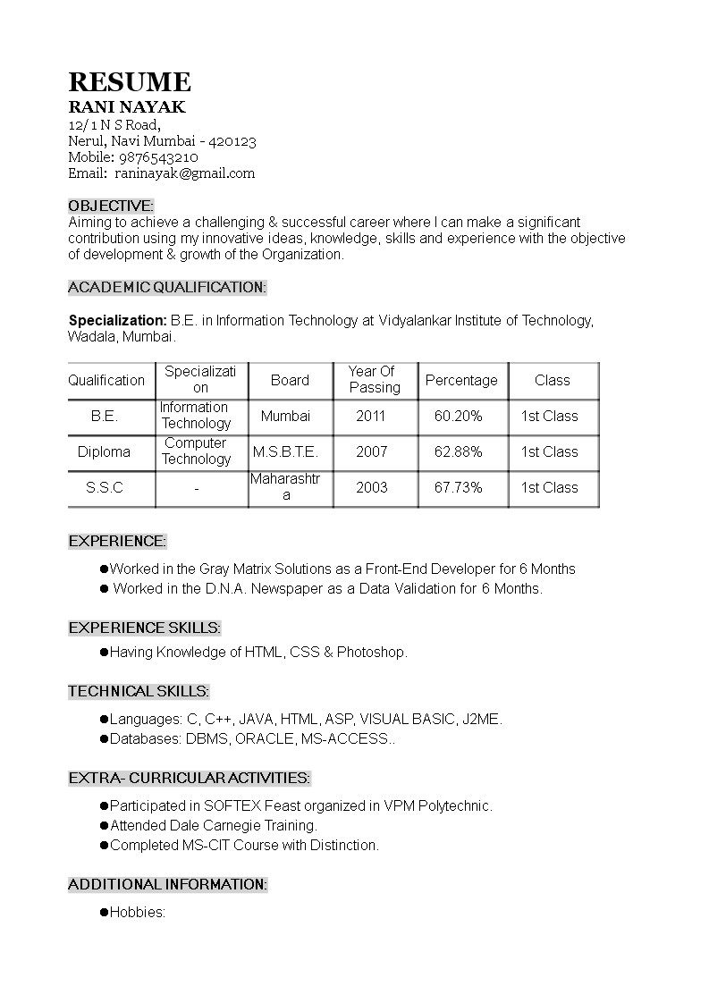 Aws Sample Resume for 1 Year Experience 1 Year Experience Resume format