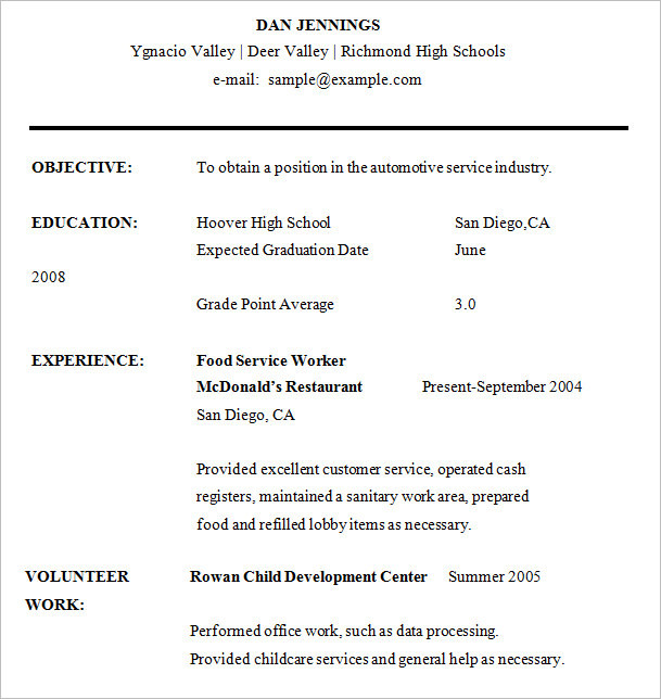 Basic Resume Samples for Highschool Students Free 9 High School Resume Templates In Pdf