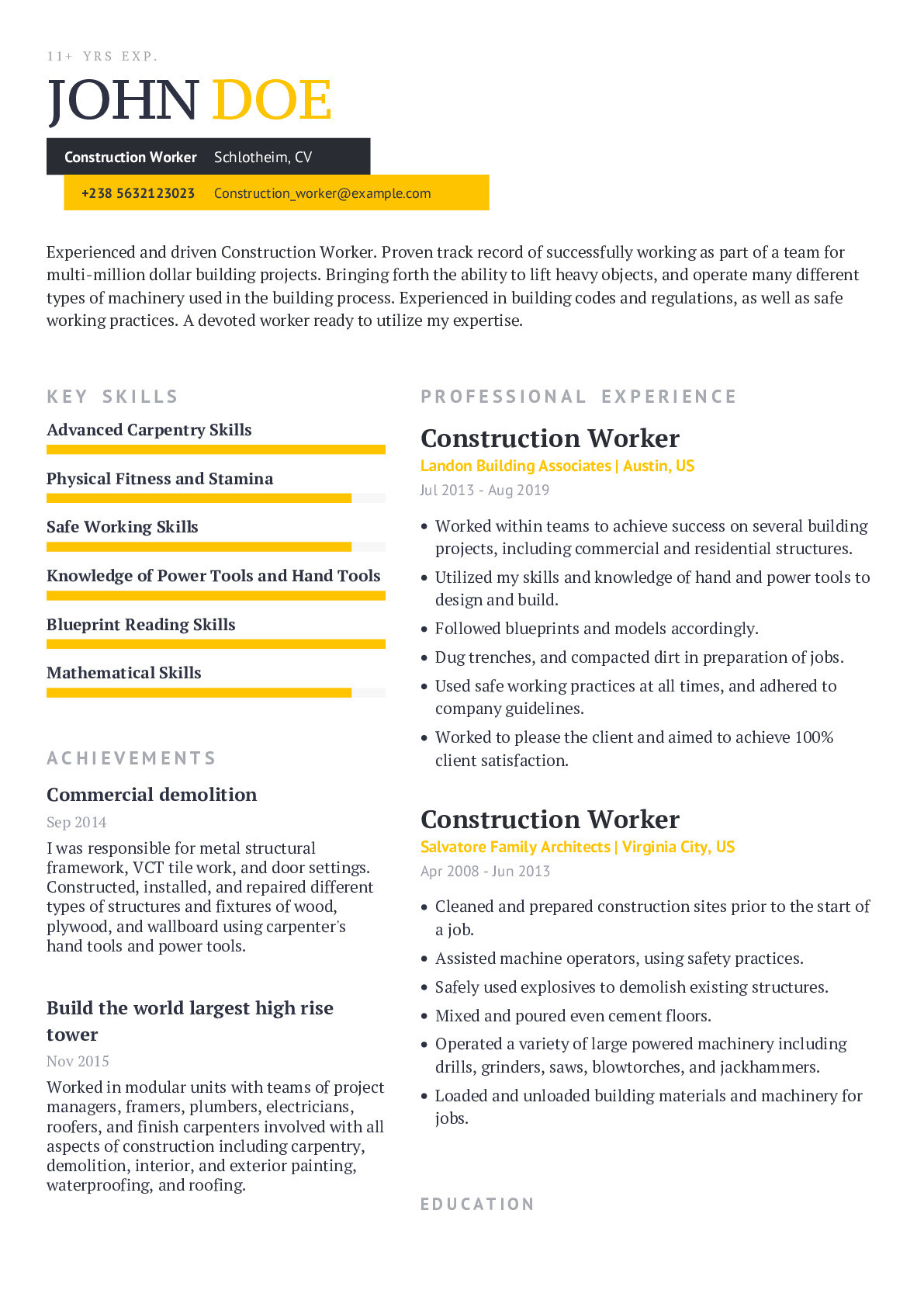 Construction Worker Resume Examples and Samples Construction Worker Resume Example with Content Sample Craftmycv