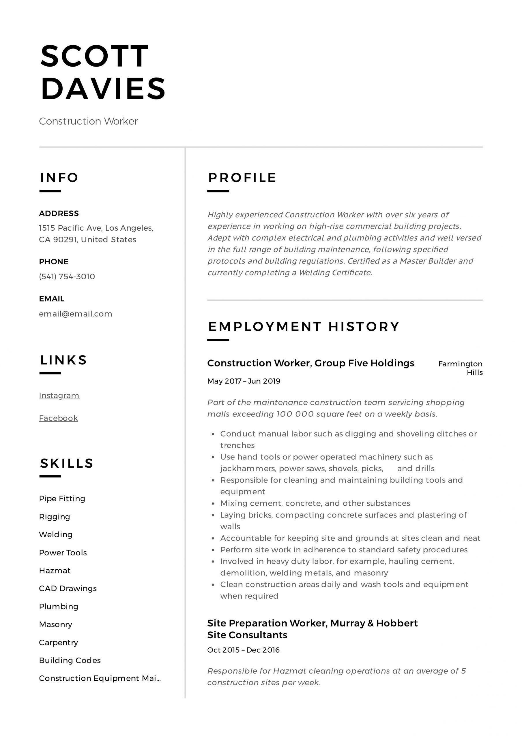 Construction Worker Resume Examples and Samples Resume Writing Service for Construction; Construction Resume …