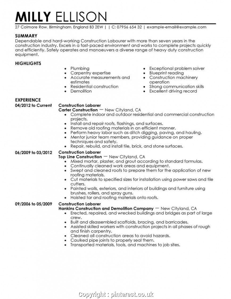 Construction Worker Resume Examples and Samples Sample Resume for A Construction Worker