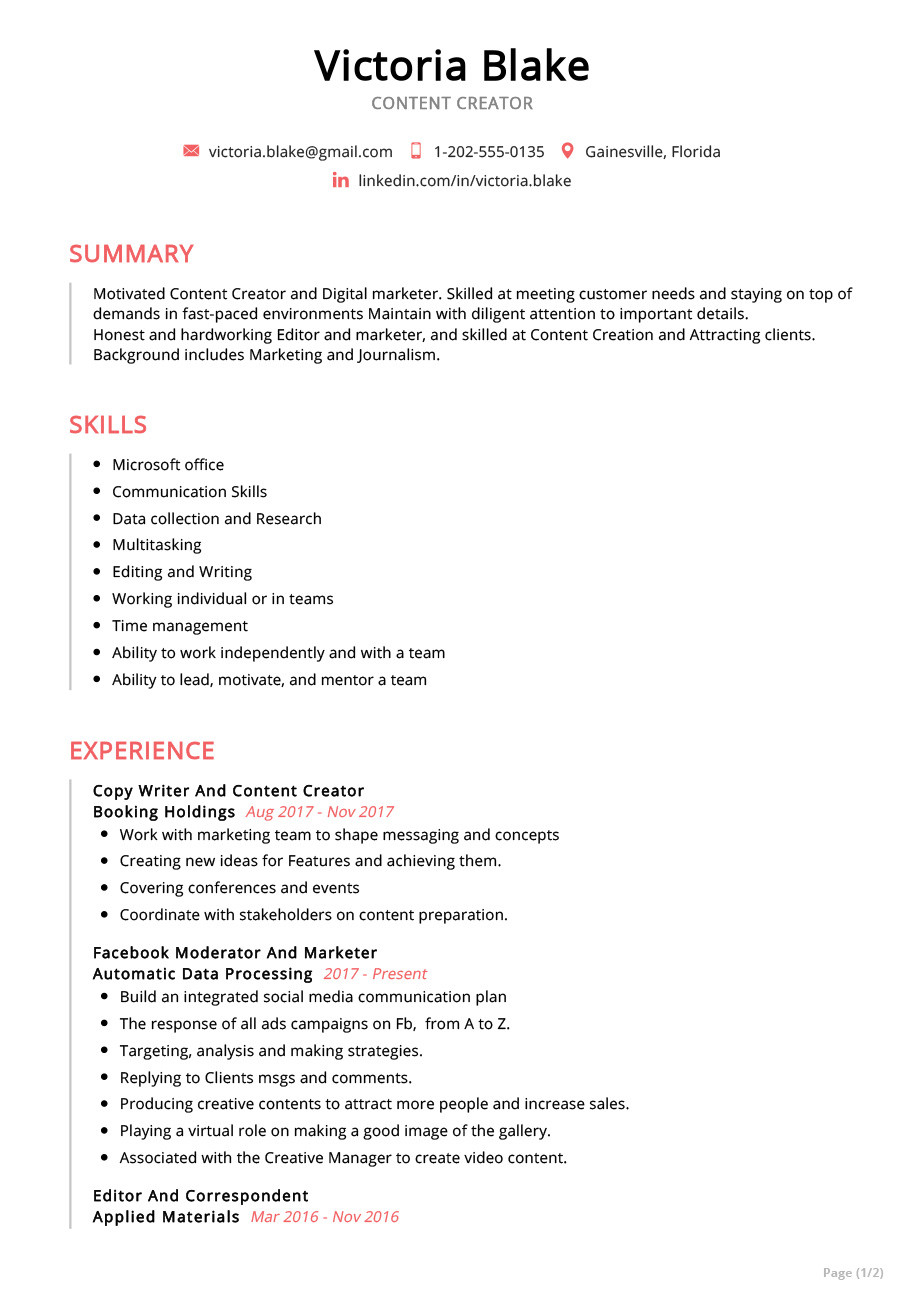 Content Writing Resume Sample for Freshers Content Creator Resume Example Resume Sample 2020 – Resumekraft