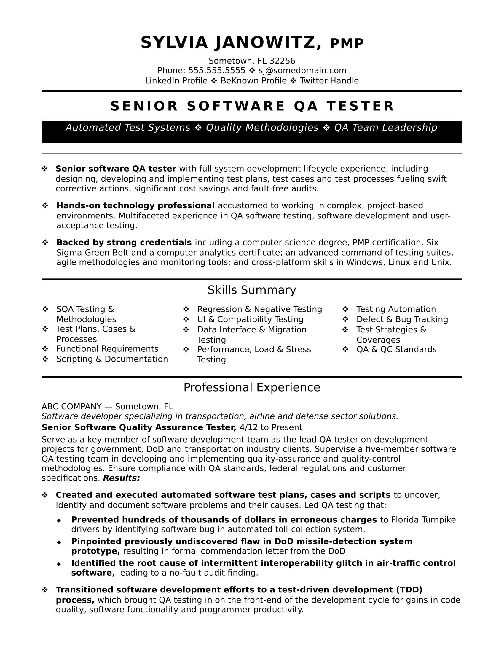 Experienced Qa software Tester Resume Sample Experienced Qa software Tester Resume Sample