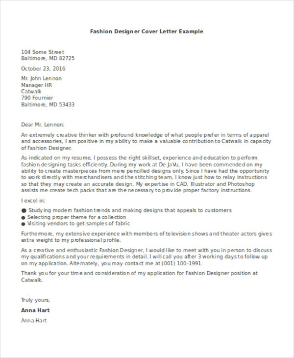 Fashion Designer Resume Cover Letter Sample 16 Designer Cover Letters Free Sample Example format