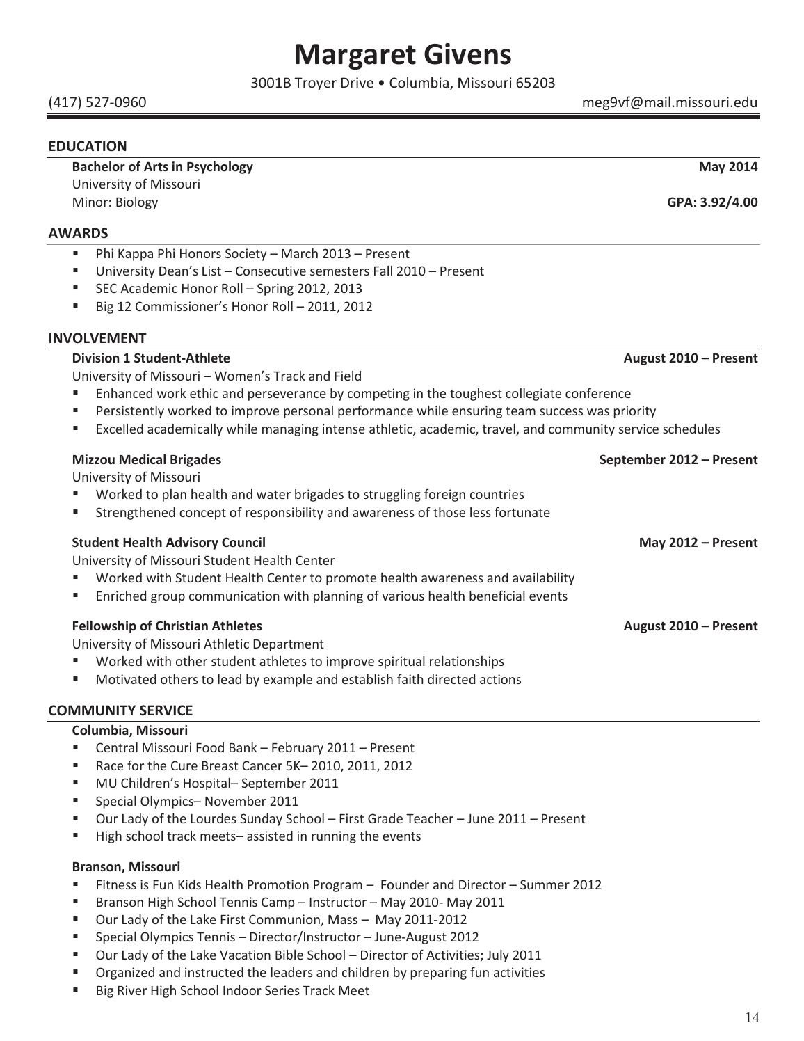 High School Student athlete Resume Sample 2014-2015 Mizzou athletics Senior Resume Book by Adam Kiel …