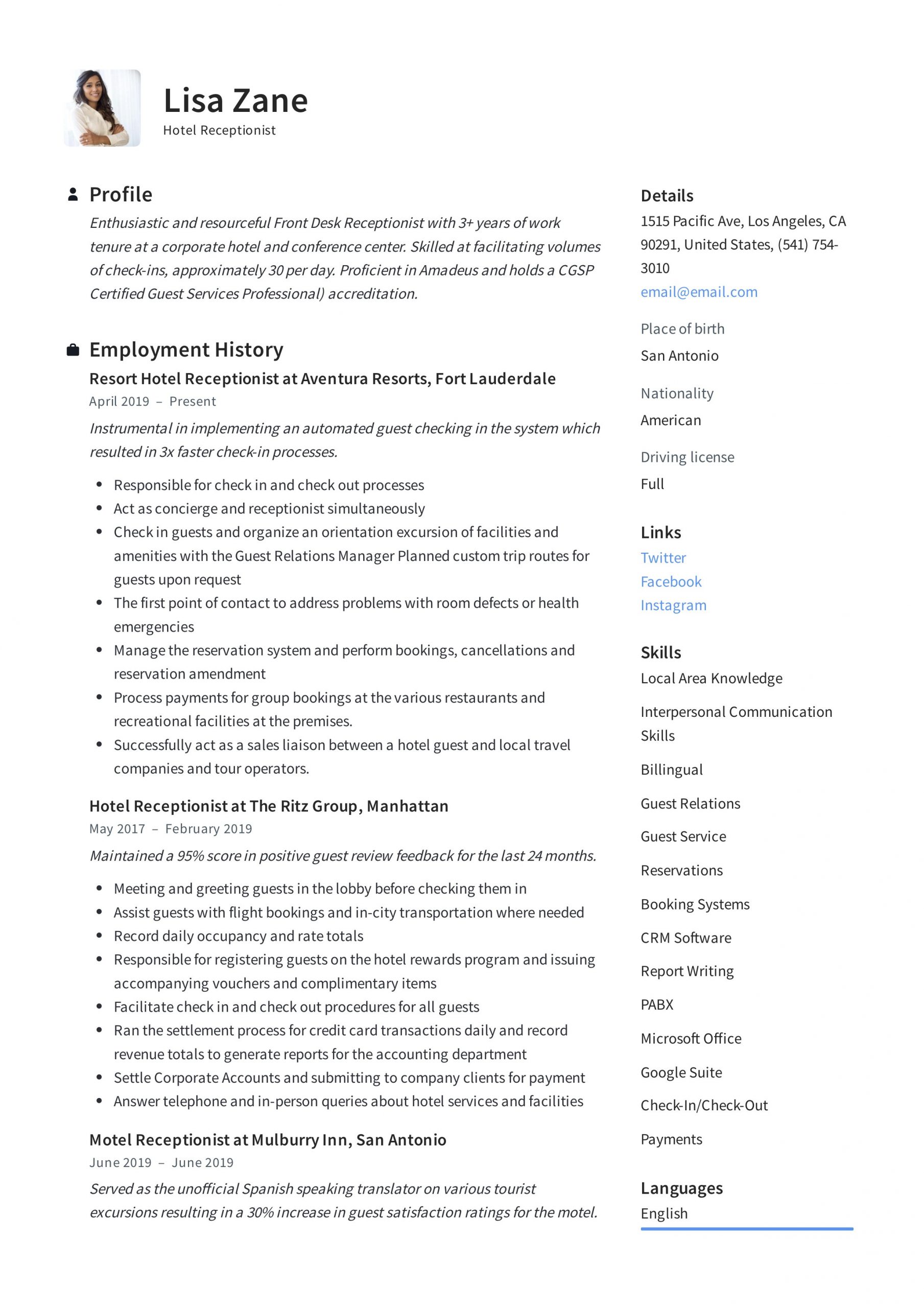 Hotel Front Desk Receptionist Resume Sample Hotel Receptionist Resume & Writing Guide