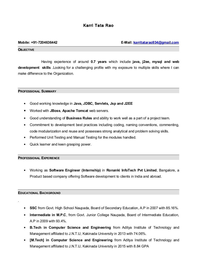 Java Sample Resume 7 Years Experience Resume with 7 Months Internship Experiance In Java