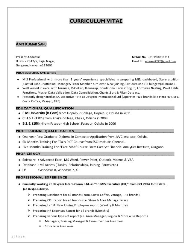 Mis Executive Resume Sample In India Mis Sample Resume