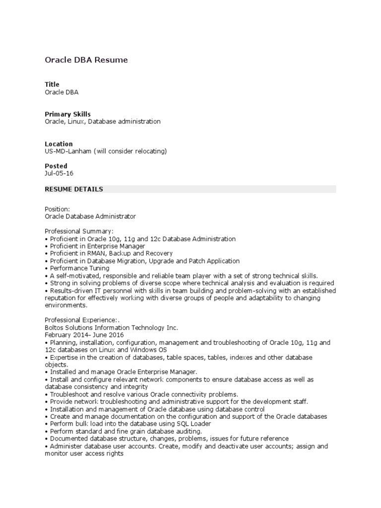 Oracle Dba Sample Resume for 2 Years Experience oracle Dba Resume Sample oracle Database