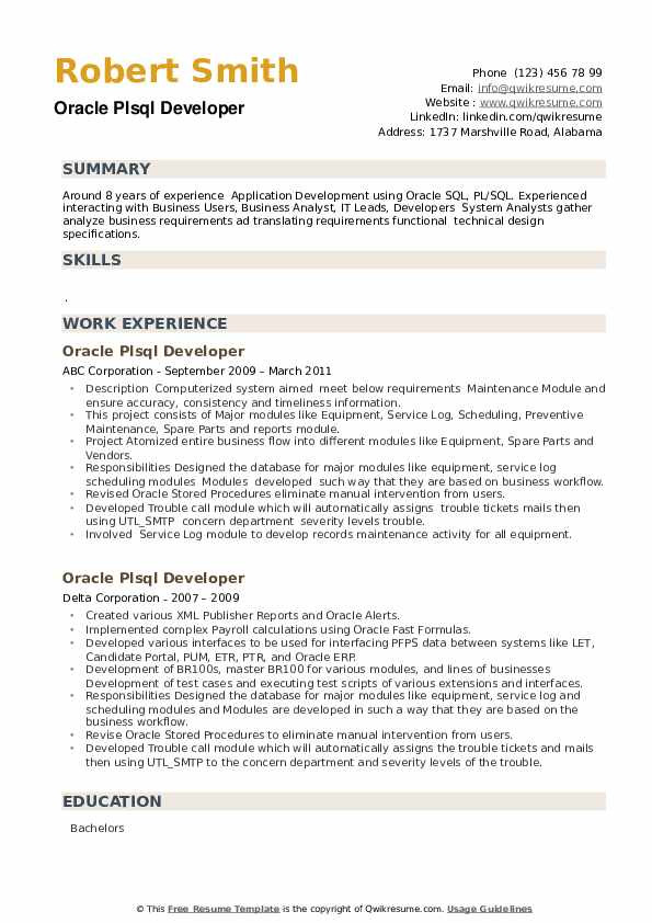 Oracle Pl Sql Developer Resume Sample oracle Plsql Developer Resume Samples