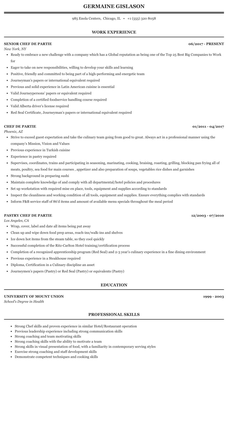 Pastry Chef De Partie Resume Sample Cv format for Bakery Chef