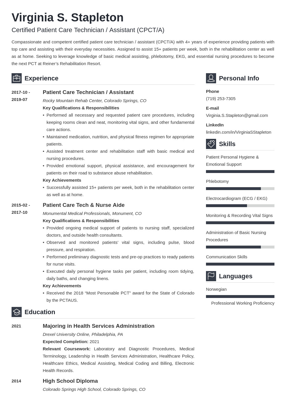 Patient Care Technician Pct Resume Sample Patient Care Technician Pct Resume Sample & Skills