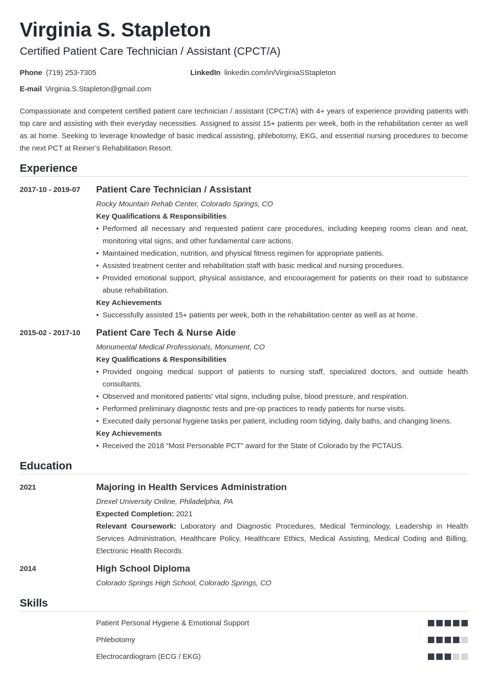 Patient Care Technician Pct Resume Sample Patient Care Technician Pct Resume Sample & Skills