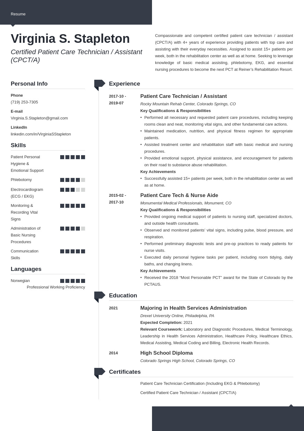 Patient Care Technician Pct Resume Sample Patient Care Technician Pct Resume Sample & Skills