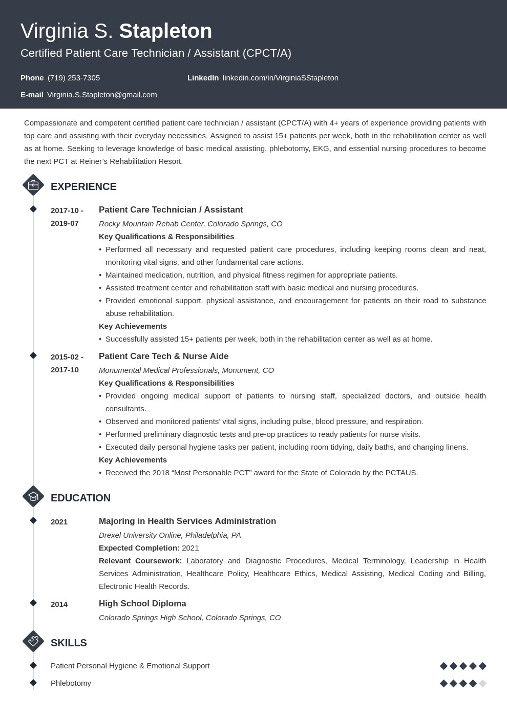 Patient Care Technician Resume Objective Sample Patient Care Technician Pct Resume Sample & Skills