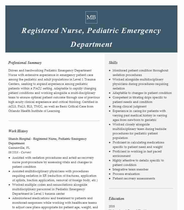 Pediatric Emergency Room Nurse Resume Sample Registered Nurse Pediatric Emergency Department Resume
