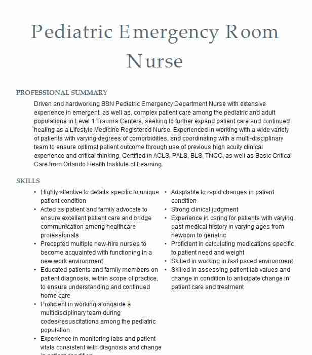 Pediatric Emergency Room Nurse Resume Sample Registered Nurse Pediatric Emergency Department Resume