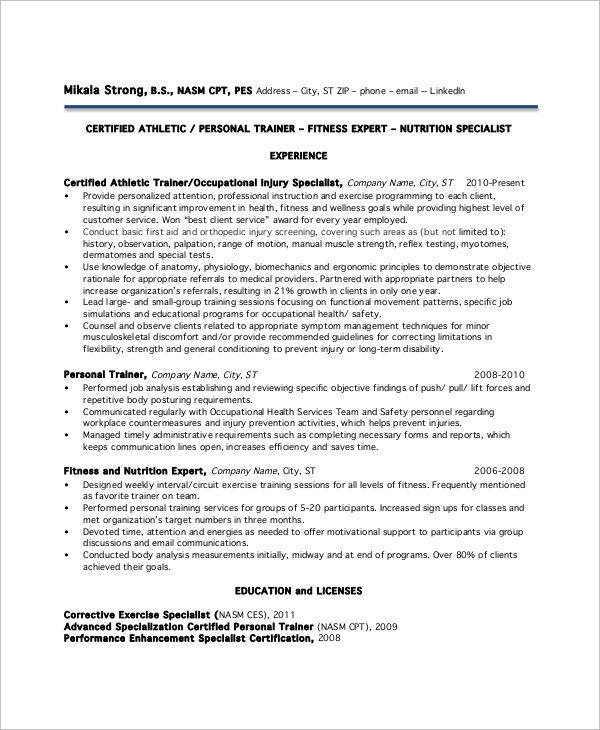 Personal Trainer Resume No Experience Sample Free 9 Sample Personal Trainer Resume Templates In Ms