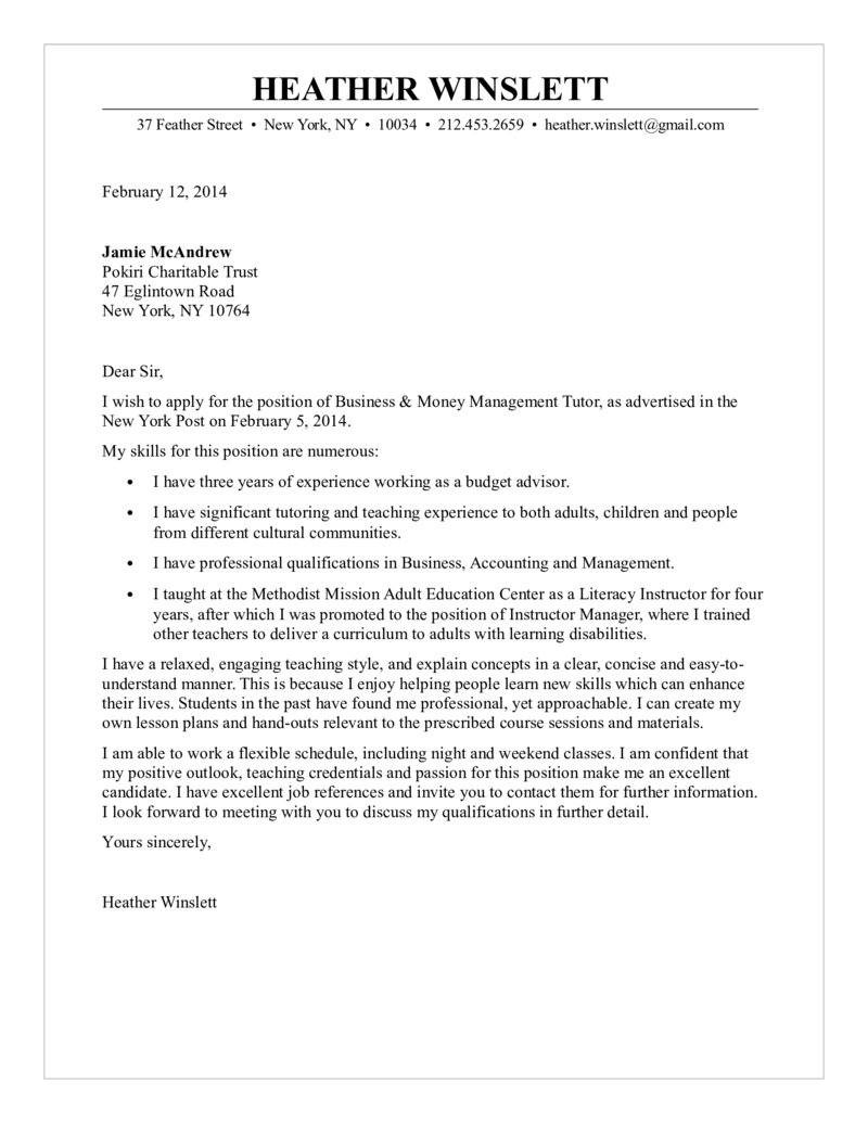 Resume Cover Letter Samples for Teaching Positions Business & Money Management Tutor Cover Letter