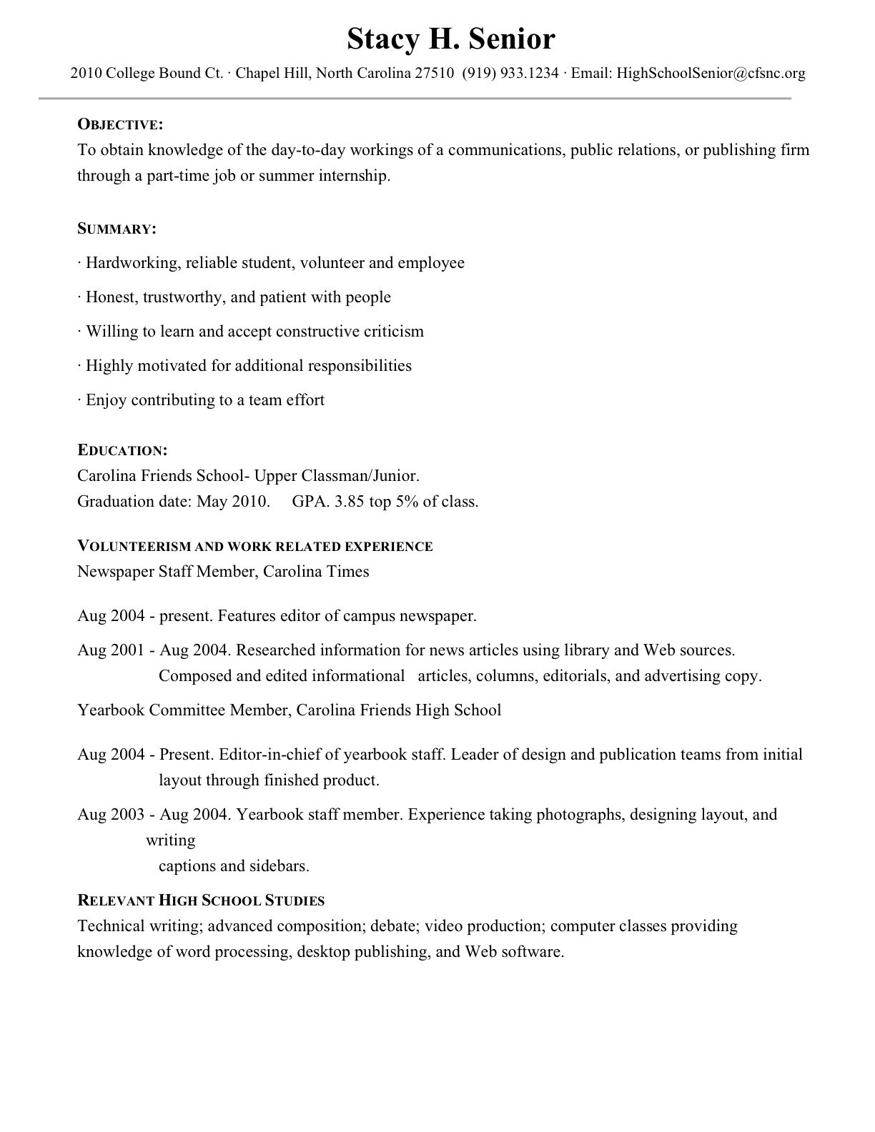 Resume Sample for Senior High School Students High School Senior RÃ©sumÃ© – for College or Job Seeking – Plf …