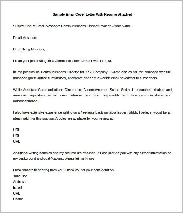 Sample Email Cover Letter for Resume attached Cover Letter Template – 17 Free Word Pdf Documents