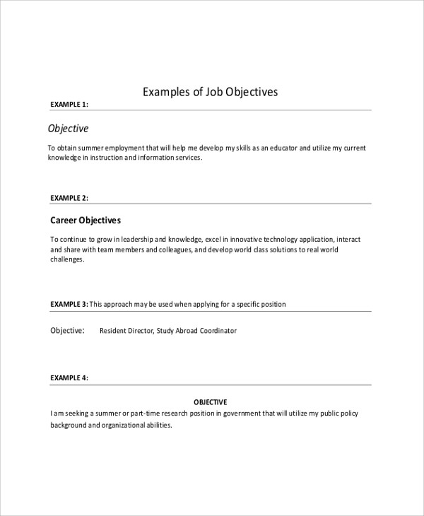 Sample Job Objectives for A Resume Free 8 Sample Objective On Resume Templates In Ms Word