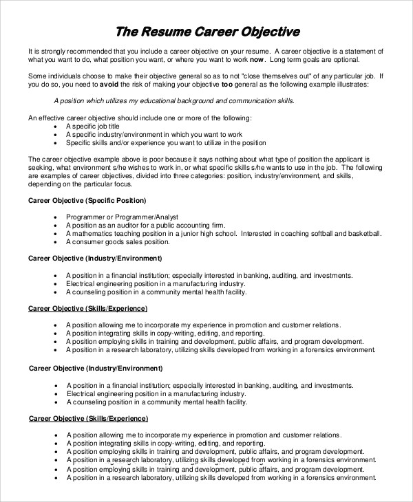 Sample Job Objectives for A Resume Free 9 Sample Resume Objective Templates In Pdf