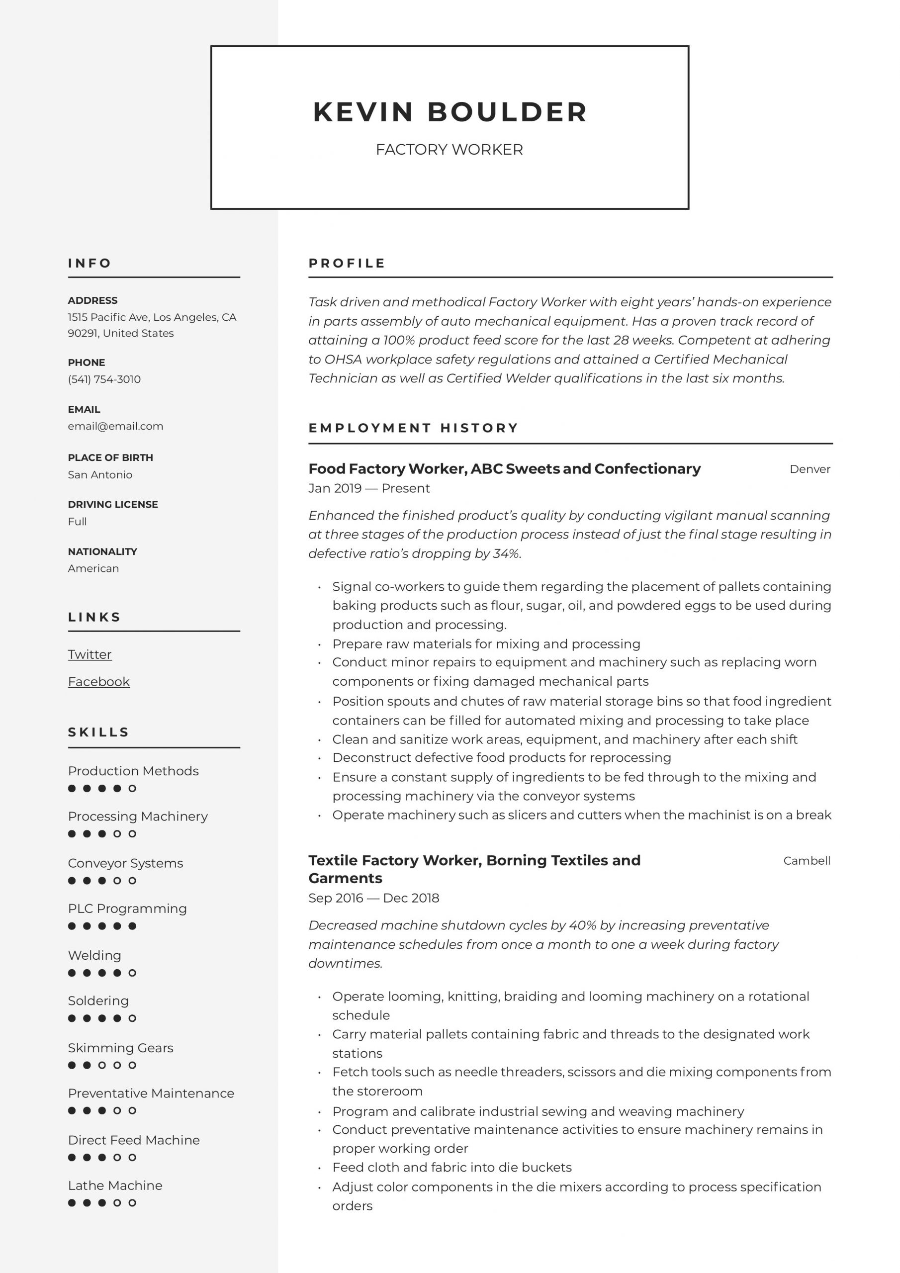 Sample Objective In Resume for Factory Worker Factory Worker Resume & Writing Guide  12 Resume Examples 2020