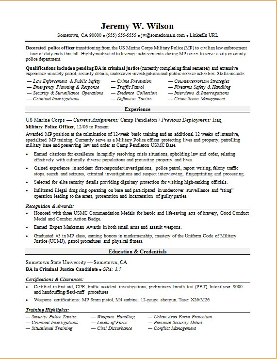 Sample Resume for A Military to Civilian Transition Police Ficer Military to Civilian Resume Sample