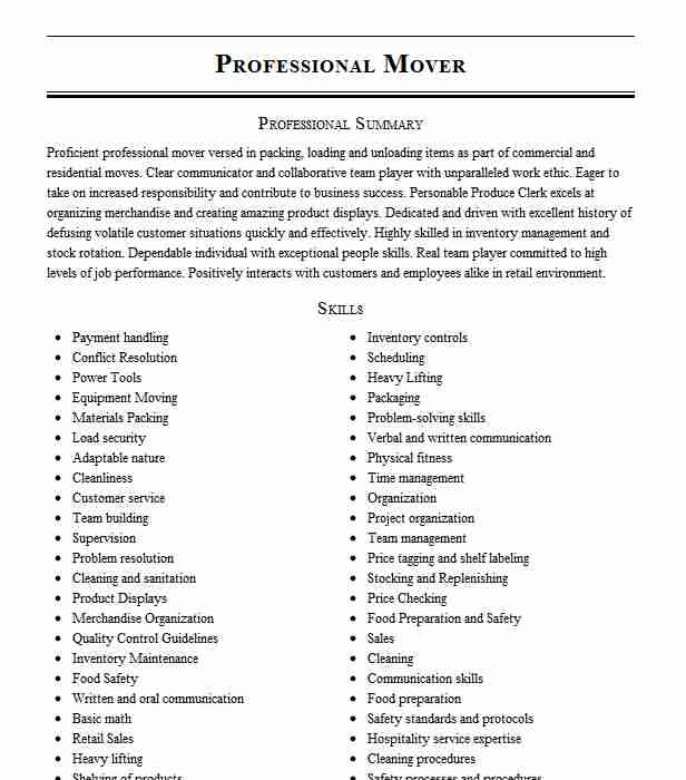 Sample Resume for A Mover and Packer Professional Mover Packer Resume Example Family Moving and