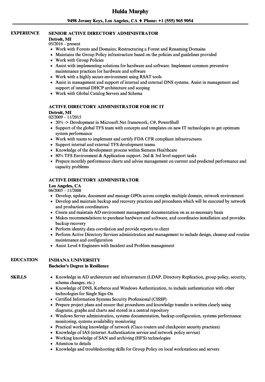 Sample Resume for Active Directory Administrator Active Directory Administrator Resume Samples