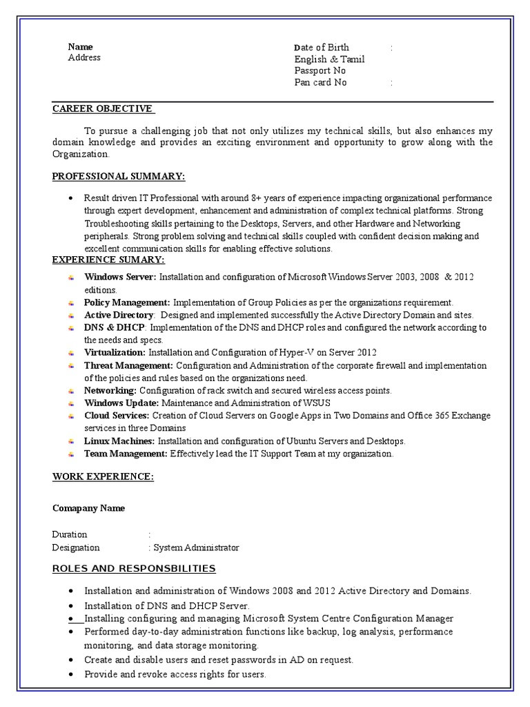 Sample Resume for Active Directory Administrator System Admin Resume format