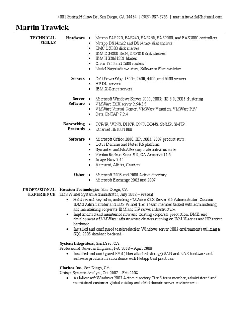 Sample Resume for Active Directory Administrator System Administrator Resume Sample V Mware