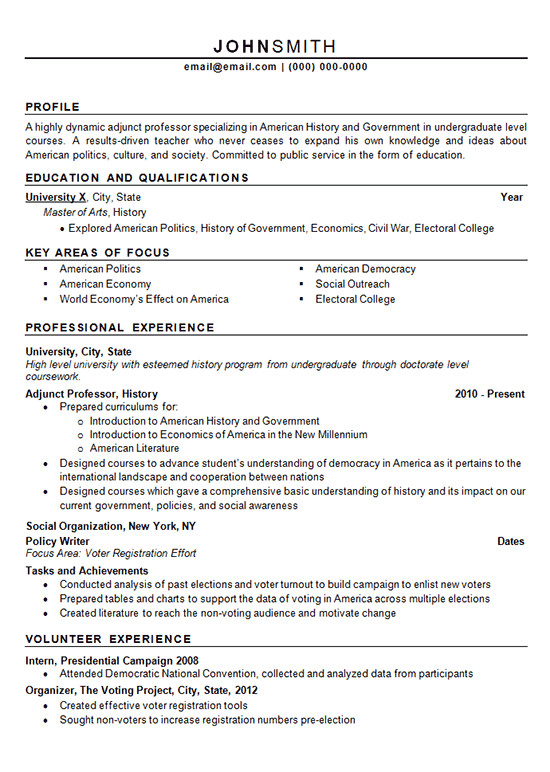 Sample Resume for Adjunct Professor Position Adjunct Professor Resume Example History and Politics