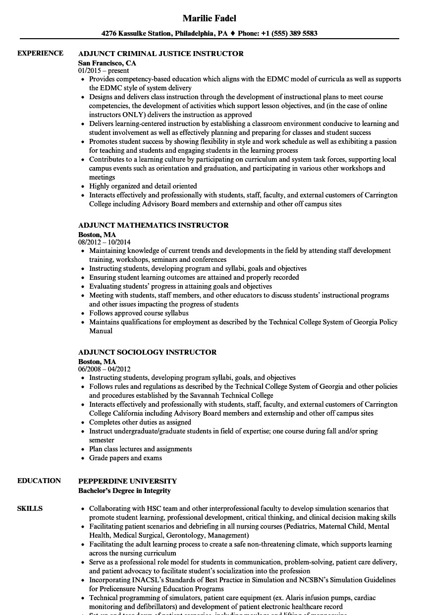 Sample Resume for Adjunct Professor Position Adjunct Professor Resume Sample