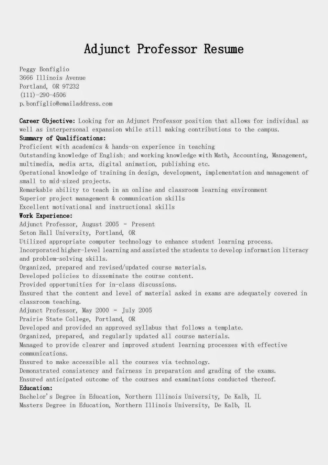 Sample Resume for Adjunct Professor Position Resume Samples Adjunct Professor Resume Sample