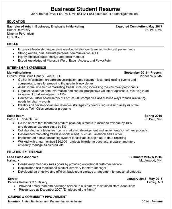 Sample Resume for Business College Student 20 Basic Business Resume Templates Pdf Doc