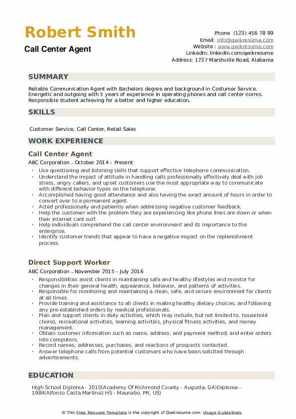 Sample Resume for Call Center Agent with Experience Call Center Agent Resume Samples
