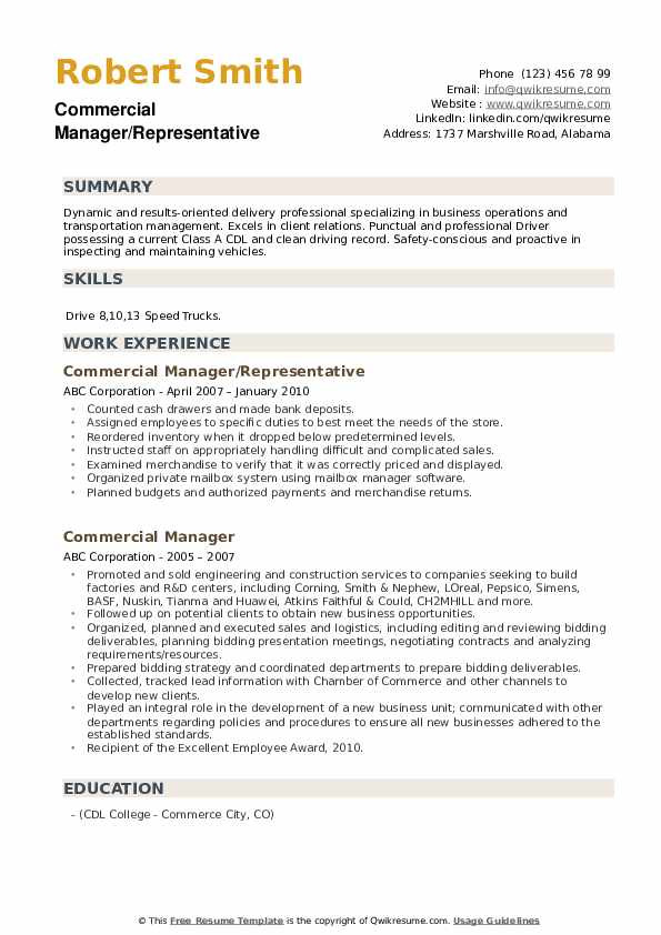 Sample Resume for Commercial Manager In India Mercial Manager Resume Samples
